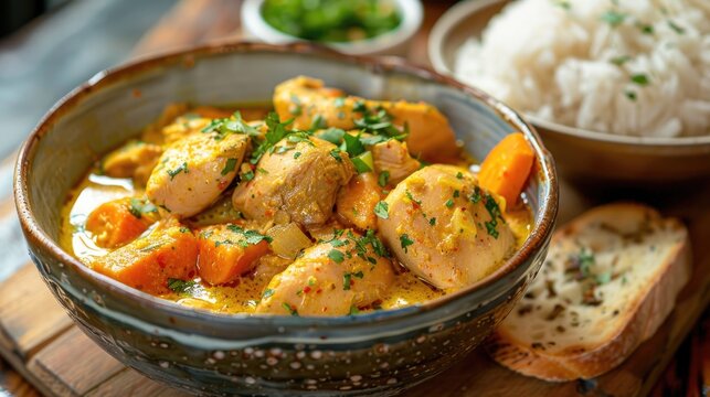 Chicken tikka masala curry with rice and herbs in bowl