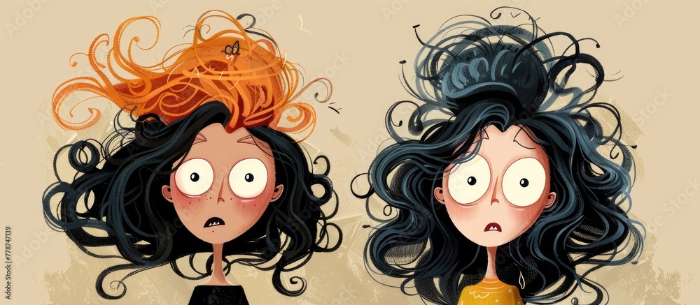 Canvas Prints Two cartoon girls with curly black hair and big smiles are standing next to each other, showcasing different hairstyles and eyecatching facial expressions