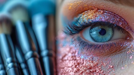 a close up of a person's eye with makeup brushes in the foreground and glittered eyeshades in the background.