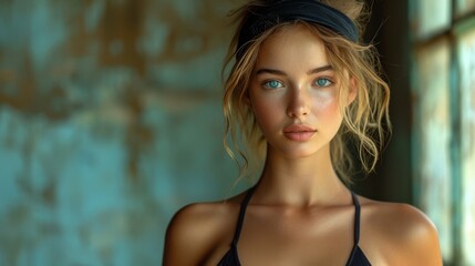 Obraz premium a painting of a woman with blue eyes and a black bikini top, standing in front of a grungy wall.