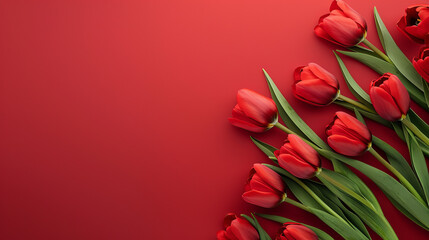 A group of fresh red tulips arranged neatly to the left on a vivid red studio background