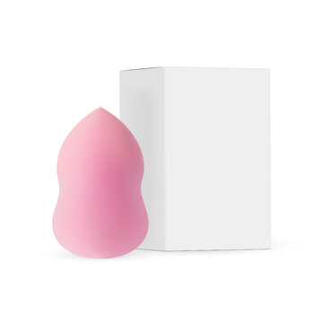 Pink Cosmetic Sponge With Packaging Box, Isolated On White Background. Vector Illustration