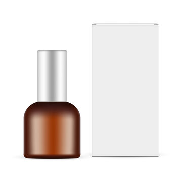 Small Amber Cosmetic Bottle With Paper Box. Packaging For Serum Or Oil, Isolated On White Background. Vector Illustration