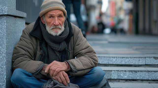 a homeless man in dirty clothes sits on the street