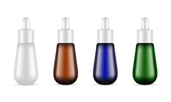 Set Of Dropper Bottles, Vial Mockup, Blank, Amber, Blue, Green, Serum, Oil, Isolated On White Background. Vector Illustration