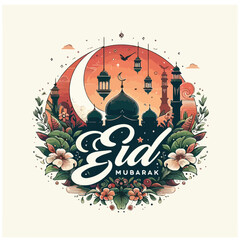 Eid mubarak vector card with golden moon and mosque , poster, banner design, vector illustration.