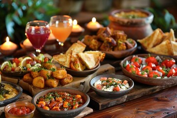 Assorted Mediterranean tapas with drinks and candles