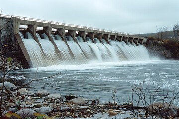 Majestic Hydroelectric Dam Harnessing Flowing River's Renewable Energy Potential