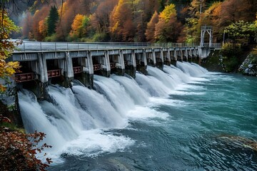 Hydroelectric Dam Spanning Flowing River,Harnessing Renewable Energy from Cascading Autumn Foliage Landscape