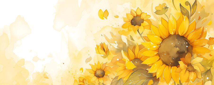 Beautiful yellow sunflowers watercolor style illustration over white backdrop. greeting card floral artistic template. Empty copy space for text.