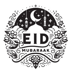 Eid mubarak vector card with golden moon and mosque , poster, banner design, vector illustration.
