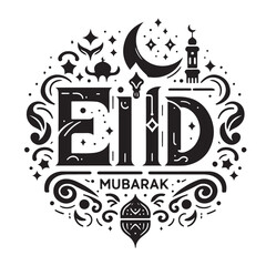 Eid mubarak vector card with golden moon and mosque , poster, banner design, vector illustration.