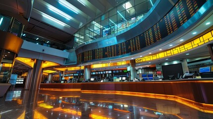 High-tech stock exchange with digital tickers and trading floor activity financial market