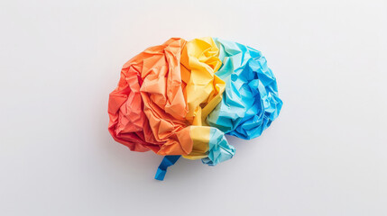 crumpled colored paper forming the shape of a human brain, white background
