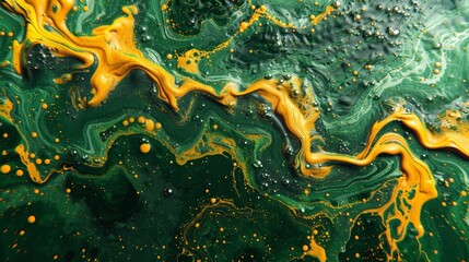Fototapeta na wymiar a marbled surface with green and yellow colors, featuring bubbles and droplets of water