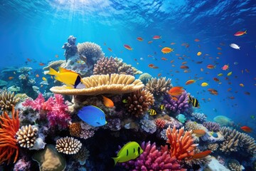 A vibrant coral reef with diverse marine life, AI generated image