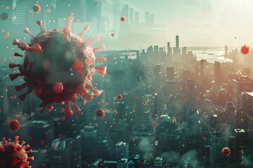 Dramatic Viral Outbreak Grips Cityscape Amid Efforts to Contain Spread of Disease Through Vaccination and Public Health Measures - obrazy, fototapety, plakaty