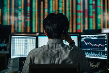 Asian using computer to trade stocks, view from behind