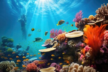 Fototapeta na wymiar A vibrant coral reef with diverse marine life, AI generated image