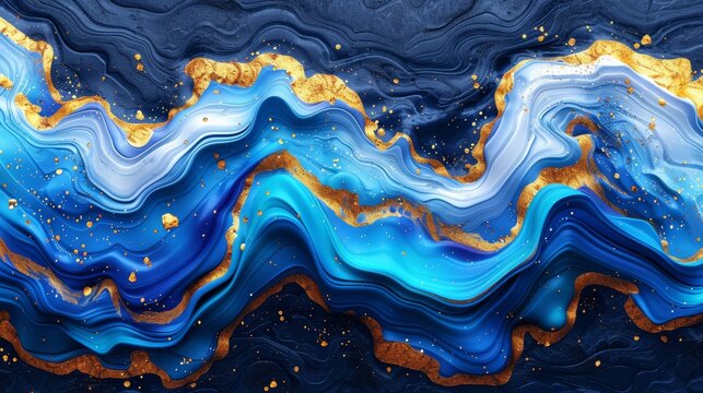   A painting featuring a mix of blue and gold swirls against a deep blue and gold background, adorned with gold specks