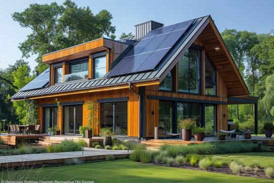 A photo of an eco-friendly home with solar panels on the roof, showcasing green living in action. Created with Ai