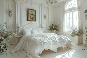 A white bedroom with a bed, pillows and blanket. A white wall with a luxury, elegant chandelier. Created with Ai