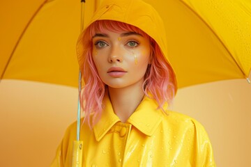 Serene portrait of a young woman clad in yellow rainwear under an umbrella
