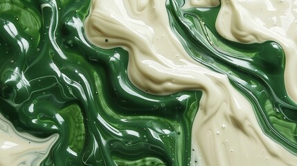   A detailed shot of a mixture of green and white fluids with water droplets intermingling on the surface - obrazy, fototapety, plakaty