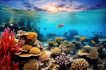 Naklejka na ściany i meble A vibrant underwater scene capturing the Great Barrier Reef in Australia , AI generated