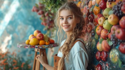 Fototapeta na wymiar a young girl holding a tray of fruit in front of a painting of a woman holding a tray of fruit.