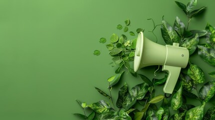 Green marketing communication concept with megaphone ecological organic background