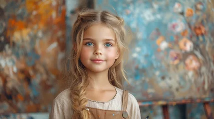 Fotobehang a little girl with long blonde hair and blue eyes is standing in front of a painting and looking at the camera. © Mikus