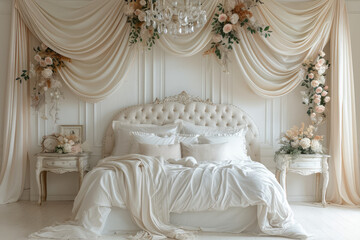 White bedroom with bed, crystal chandelier and white curtains, with furniture in the style of rococo. Created with Ai