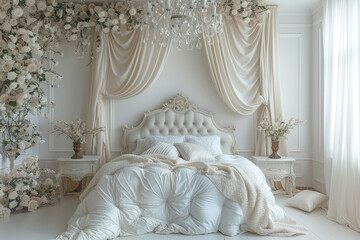 A white bedroom with a white bed, large headboard, luxurious, crystal chandelier on the ceiling, white walls, curtains and beautiful furniture. Created with Ai