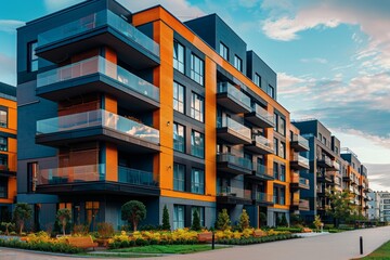 Modern European residential complex bathed in golden sunset light