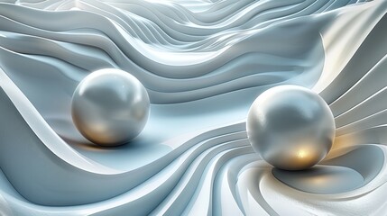   Two white spheres rest on a white fabric-covered surface, with wavy lines surrounding them and a bright light emanating from their endpoint