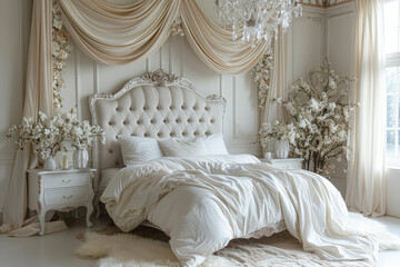 A white bed with a white velvet headboard, beige curtains and wall hangings, a luxurious bedroom with many floral arrangements, a white fur rug on the floor. Created with Ai - obrazy, fototapety, plakaty