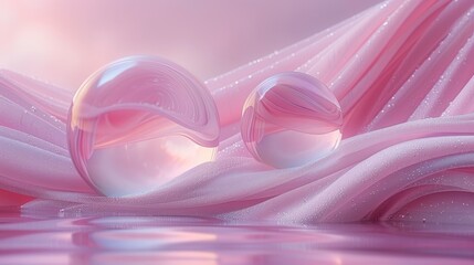   Two bubbles float atop water's surface amidst pink-white waves