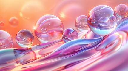   A collection of foam globes bobbing on top of the liquid surface against an orange-pink backdrop - obrazy, fototapety, plakaty