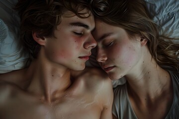 Intimate close-up captures the tender and vulnerable embrace of a couple,conveying the depth of their emotional connection and the unspoken intimacy