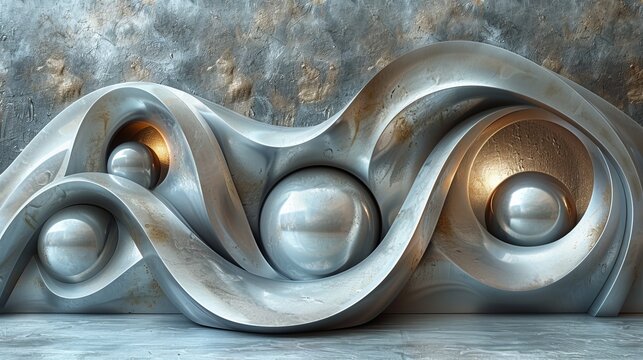   Large metal sculpture sits on floor near wall with light above