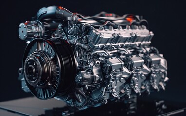 Car Engine on Black Background, Mechanics Concept. Generative AI.