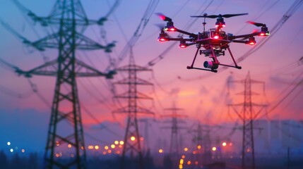 Drone Flying Over a Power Production at Sunset. Generative AI.