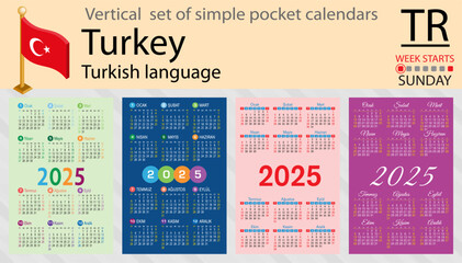 Turkish vertical set of pocket calendar for 2025. Week starts Sunday - obrazy, fototapety, plakaty