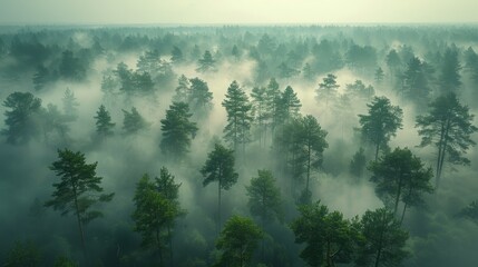   A dense woods surrounded by a hazy sky