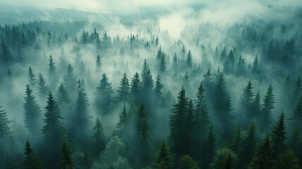   A dense forest brimming with towering trees cloaked in thick fog and hazy clouds during a misty day - obrazy, fototapety, plakaty