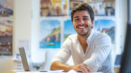 Smiling Man Working in a Travel Agency. Summer Vacation Concept. Generative AI.