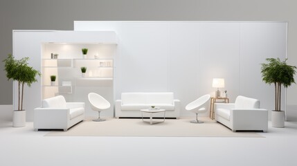 Trade show furniture and corporate displays in a blank white booth