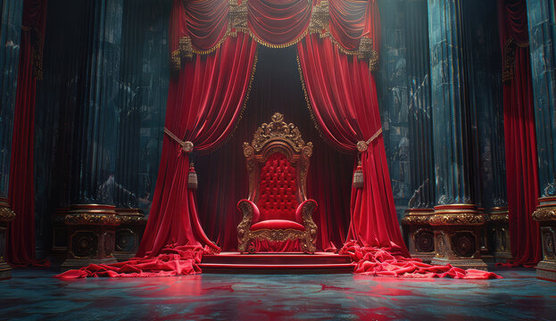 Red velvet curtain in a throne room with a crown on the chair, in the fantasy style of game art design. Created with Ai