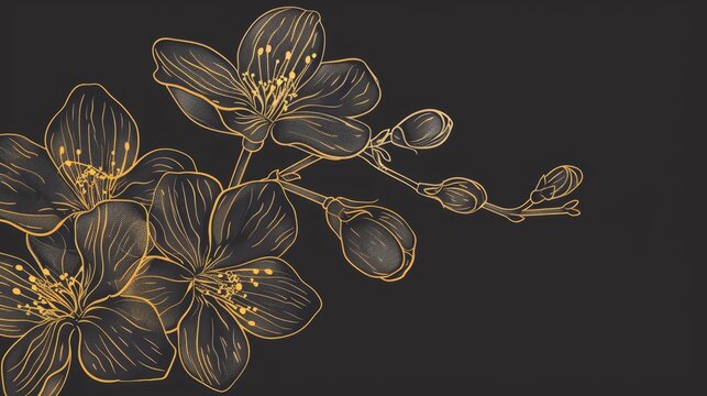  A close-up of a flower against a black background, adorned with a gold line drawing